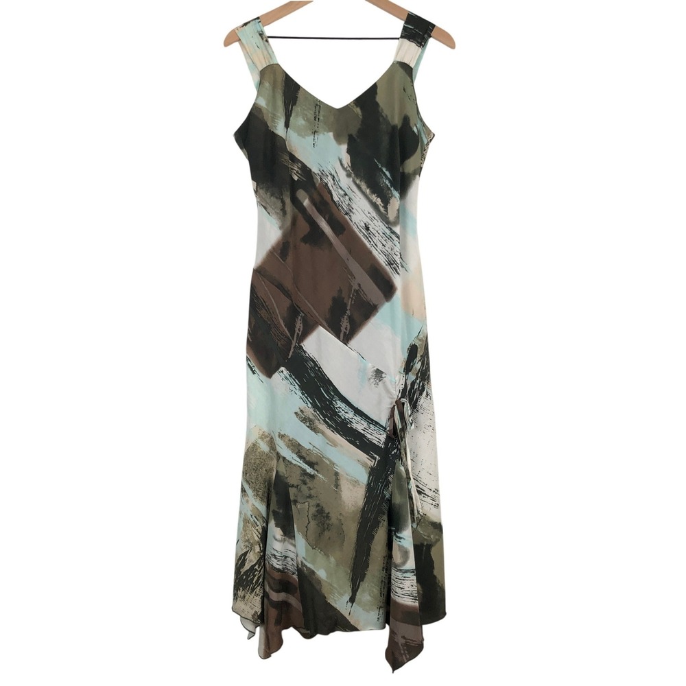 ADAM JACOBS Silk Cotton Handkerchief Hem Midi Dress Sz S Abstract Brushstroke